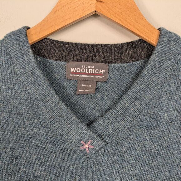 Woolrich Sweater Wool Pullover Vneck Teal Blue Gray Floral Embroidered Outdoor L - Picture 4 of 11